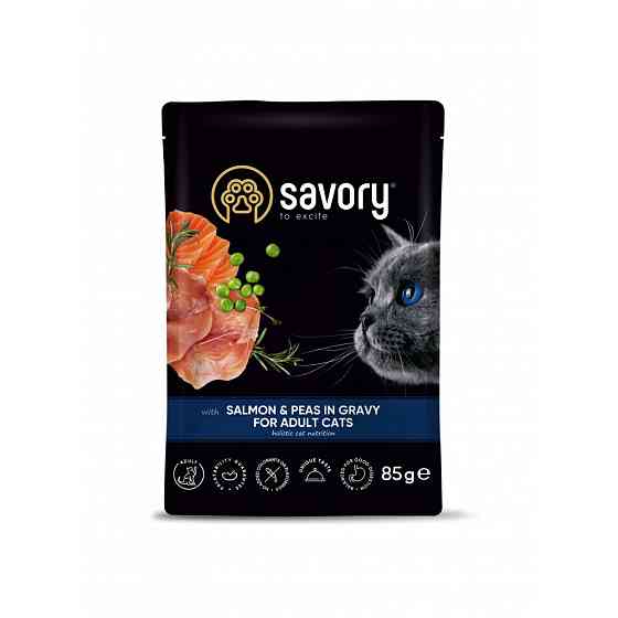 Влажный корм Savory для взрослых кошек, лосось с горошком в соусе, пауч, 85 г Винница