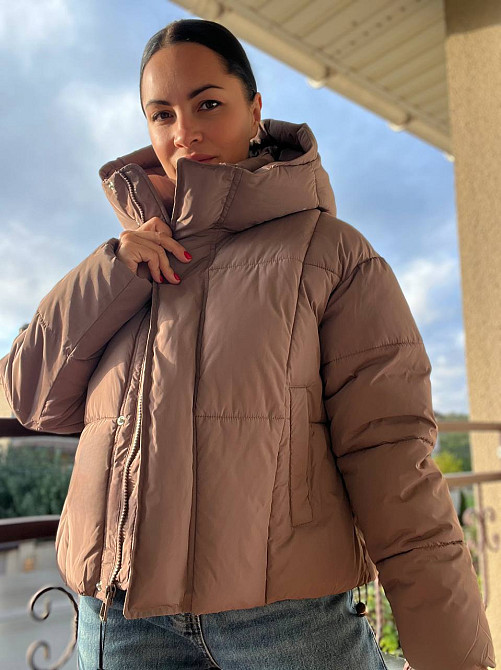 Куртка жіноча Lady Yep 9068 оверсайз укорочена напис попереду з капюшоном one size, капучино, one size Київ - фото 12