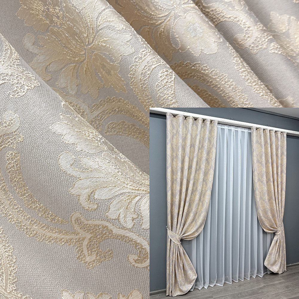 Комплект готовых штор VR-Textil Лен Корона Мария № 1268ш Светло-серый с золотистым 150х270 см 2 шт (33-0096) Киев - изображение 1