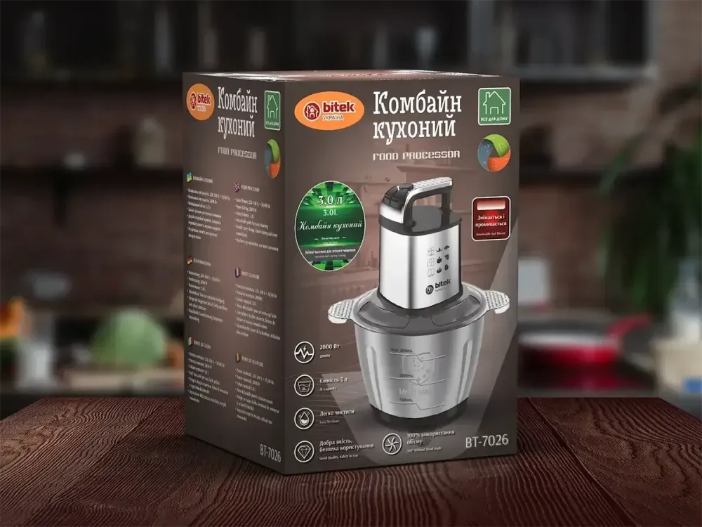 Комбайн кухонний подрібнювач BITEK BT-7026 2000Вт 3,0 л з нержавіючої сталі, подвійний ніж Блискавка Одеса - фото 1