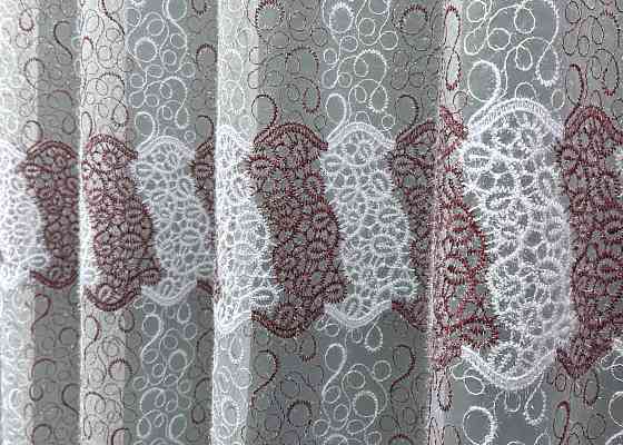 Тюль органза з вишивкою та люрексом колір бордовий з білим 1688т Київ