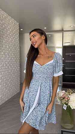 Жіноча принтована легка сукня міні американський креп Блакитний, 44/46 Одеса