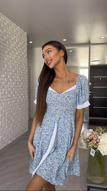 Женское принтованное легкое платье мини американский креп 44/46, Голубой Одесса - изображение 5