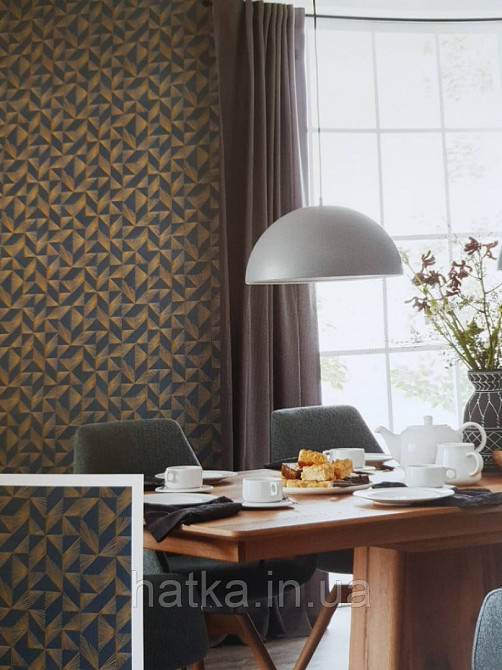 Шпалери вінілові на флізелін Marburg 31844 New modern геометрія смужки віялом золоті фігури темно сині Київ - фото 1