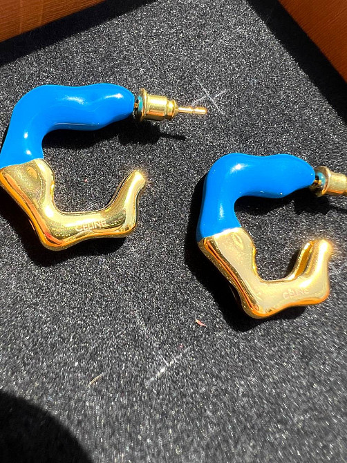 Селін сережки колечки позолота та блакитна емаль/Сережки кільця маленьких блакитного кольору — позолота 18 К Одеса - фото 1