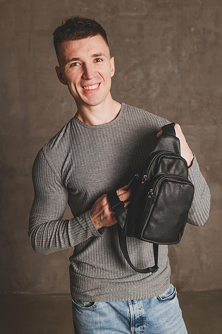 Сумка-слінг шкіряна, чоловіча сумка через плече SL013 (Чорна) Суми - фото 3