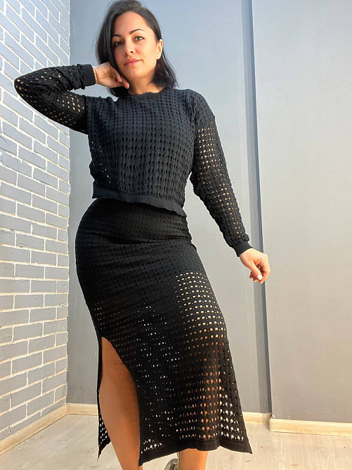 Костюм жіночий MINTAS 4204-2414 прозорий сітка ажурна в'язка реглан зі спідницею розрізи по боках one size, чорний, one size Київ - фото 9