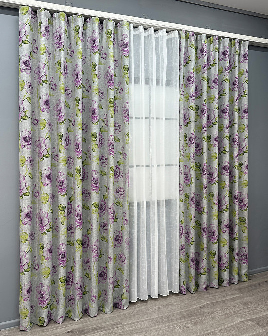 Комплект штор VR-Textil Лен Прованс 100х270 2шт и Тюль 400х270 2079ш-115т Серый с фиолетовым и белым 71-214/2 Киев - изображение 3