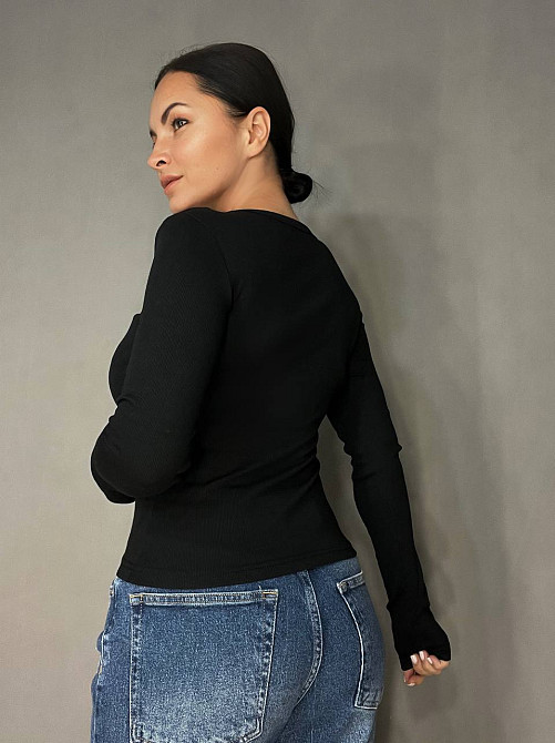 Лонгслів жіночий A-N 25079 рубчик реглан v-виріз з написом принт корсетні шви one size, чорний, one size Київ - фото 14