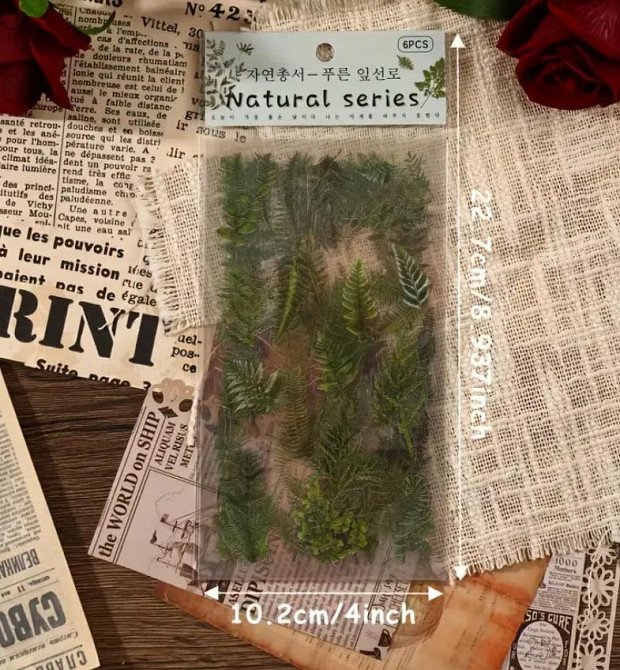 Глянцевые наклейки с зелеными листьями папоротника, 6 листов, самоклеящиеся ПВХ-стикеры с блестящим покрытием Киев - изображение 2