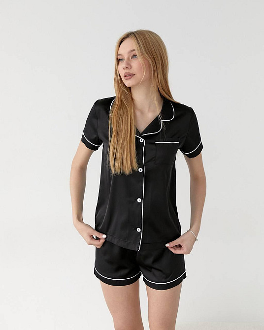 Шелковая пижама с шортами и рубашкой Черный S Харьков - изображение 1