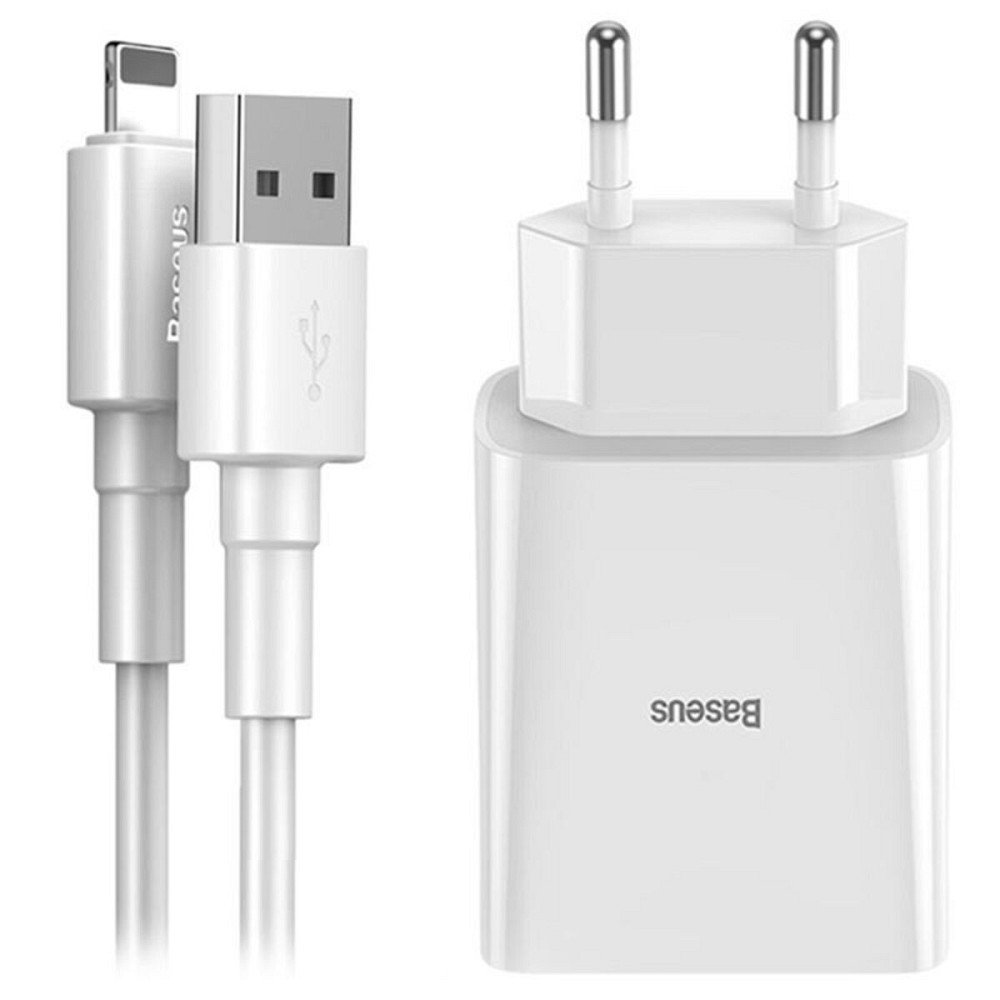 Мережевий зарядний пристрій Baseus Speed Mini Dual U Charger 10.5W ( With Mini White Cable IP) White Киев - изображение 1