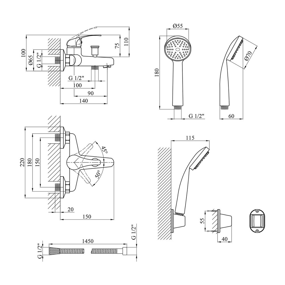 Змішувач для ванни Agua Leon - C060 з душовим гарнітуром, хром Київ - фото 2