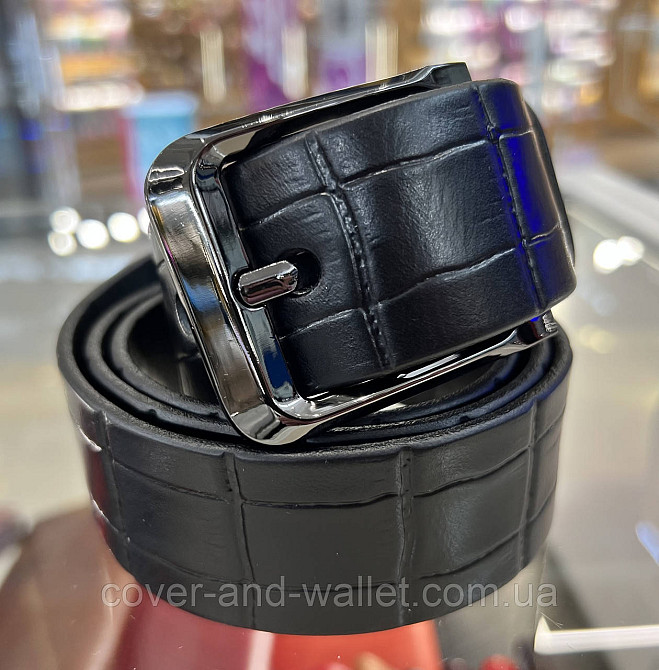 Широкий чоловічий ремінь із італійської шкіри з фактурою під крокодил (чорний)  40 мм PS Leather Київ - фото 3