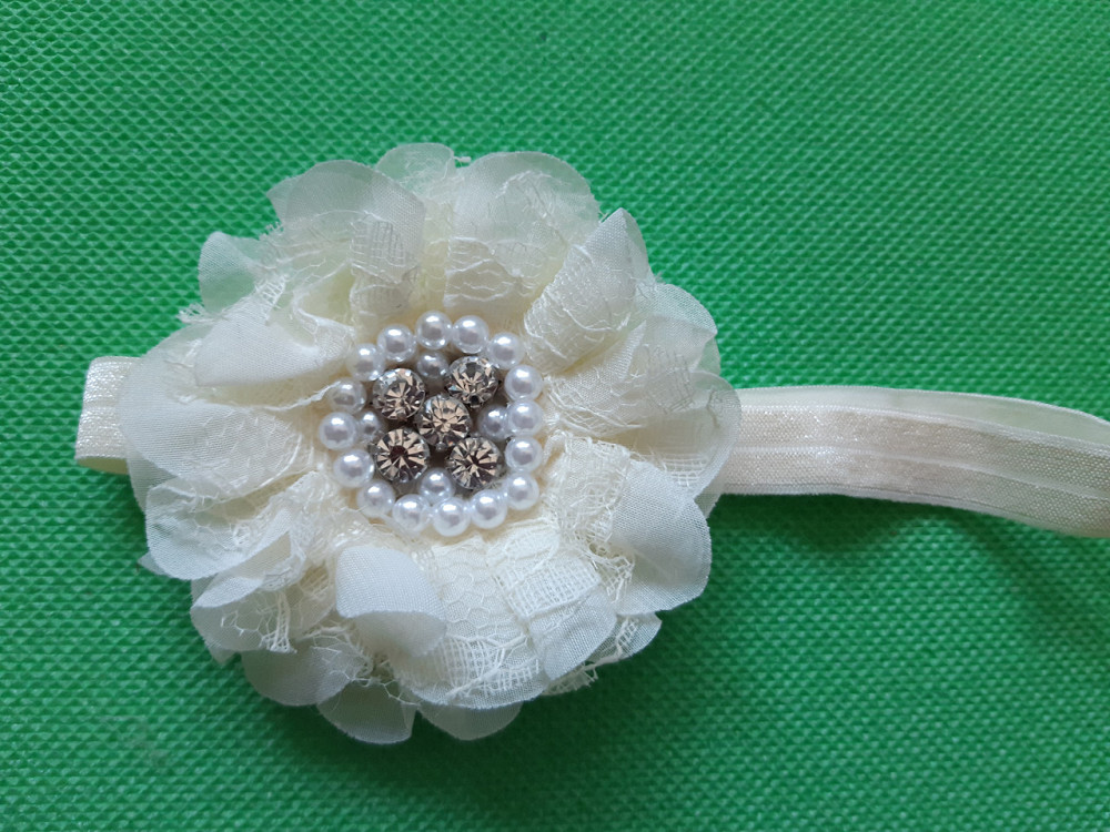 Детская повязка с жемчугом бежевая - размер цветка 8см, размер универсальный (на резинке) Киев - изображение 2