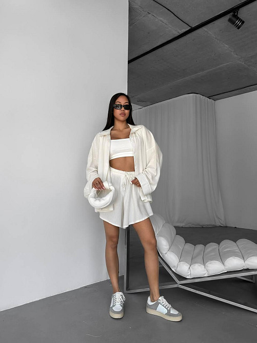 Женский летний прогулочный оверсайз костюм двойка: рубашка и шорты лен Одесса - изображение 7