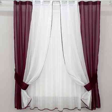 Кухонний комплект VR-Textil № 038к шторки і тюль бордовий з білим 280х170 см (50-032) Київ