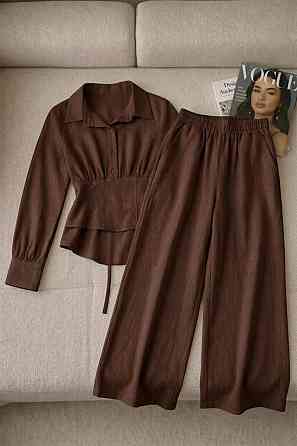 Жіночий стильний трендовий повсякденний костюм льон жатка Шоколад, 42/46 Одеса