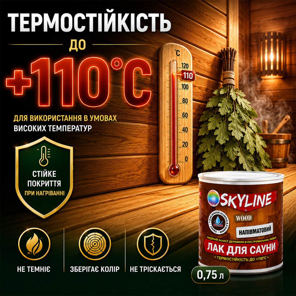 Лак для сауны SkyLine WOOD 0.75 л — акриловый полуматовый лак для дерева, прозрачный, без запаха, термостойкий до +110°C Харьков - изображение 5