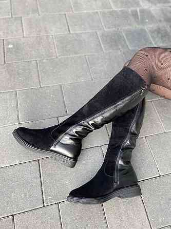 Чоботи жіночі зимові комбіновані натуральна шкіра + замша чорні на низькому ходу 5191 Коломыя