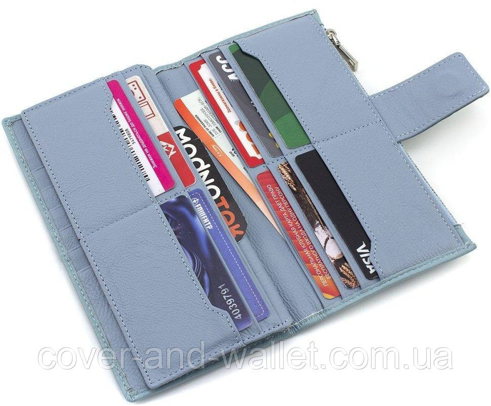 Тонкий жіночий купюрник із натуральної шкіри з хлястиком на магніті блакитного кольору Marco Coverna MC 0134 Київ - фото 6