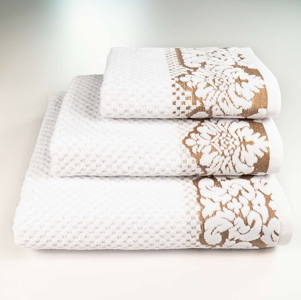 Комплект махровых полотенец 3шт 40x70см, 50x90см, 70x140см Damask Премиум качества Жаккардовое с велюром (Белый) Сумы - изображение 1