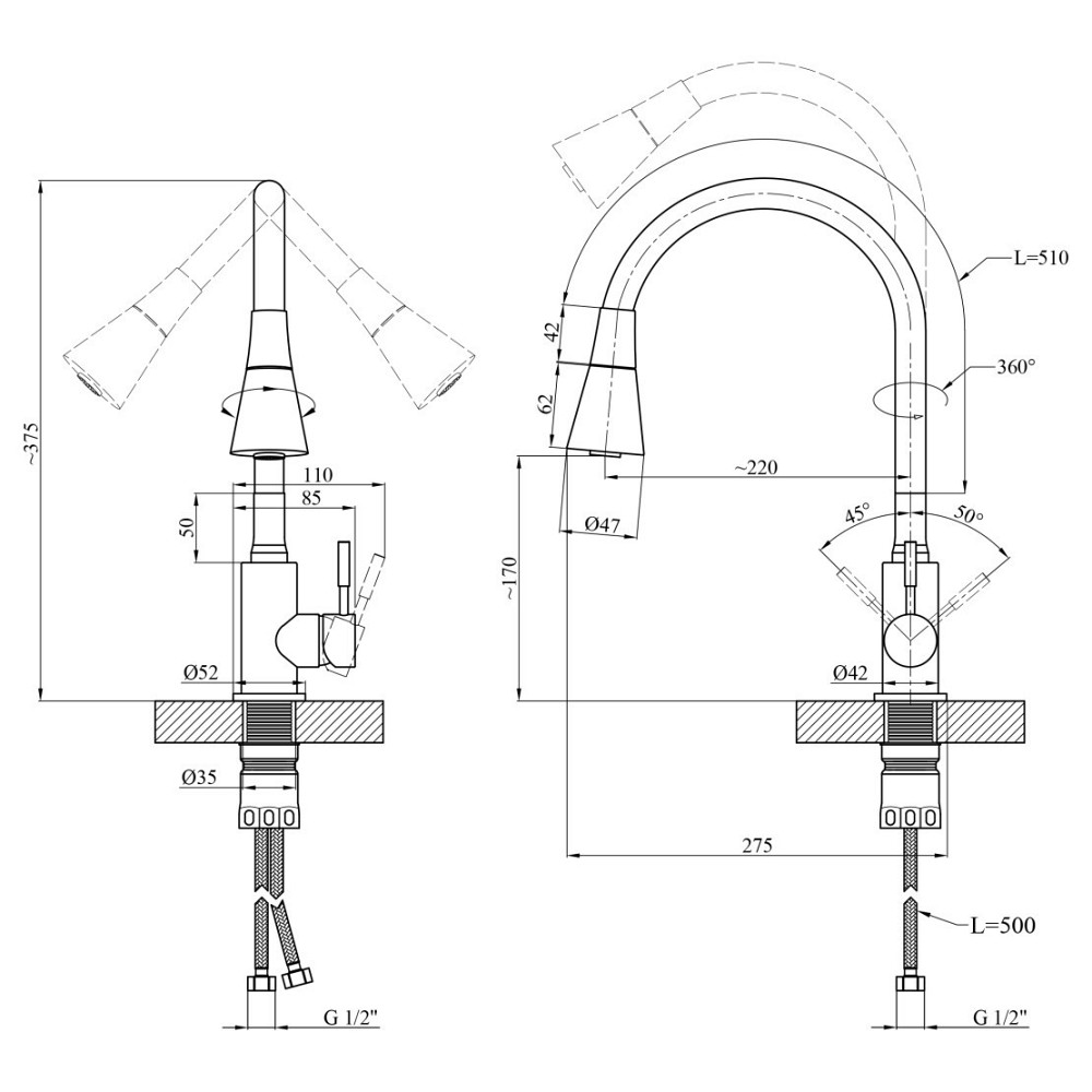 Змішувач для кухні з гнучким виливом Kroner KRP Edelstahl Klassisch — ESG031BLK сатин/чорний Київ - фото 8
