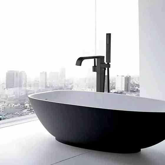 Смеситель напольный для ванной, латунный матовый душевой гарнитур 2в1 кран и душевая лейка Черный Каменец-Подольский