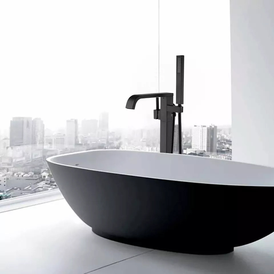 Змішувач для ванної підлоги, латунний матовий душовий гарнітур 2в1 кран і душова лійка Чорний Кам'янець-Подільський - фото 3