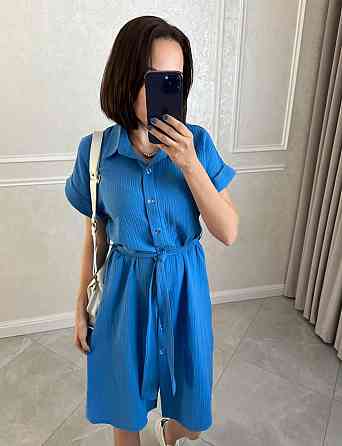 Женское легкое базовое платье халат с поясом на пуговицах турецкий натуральный хлопок - муслин 42/46, Синий Одесса