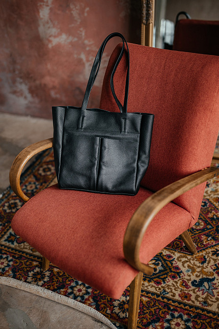 Сумка тоут шкіряна велика жіноча Юта Чорна 28*30*12 см, сумка шопер чорна стильна з кишенямиMasterSem Київ - фото 8