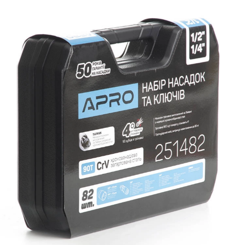 Набір насадок та гайкових ключів 90T 1/4"; 1/2" CrV 82 шт. APRO Житомир