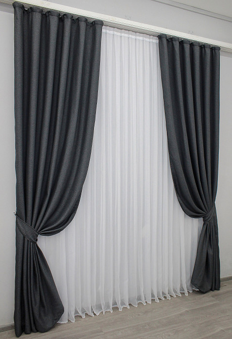 Шторна тканина, льон-блекаут з фактурою "Льон мішковина" колір графітовий 1161ш Київ - фото 7