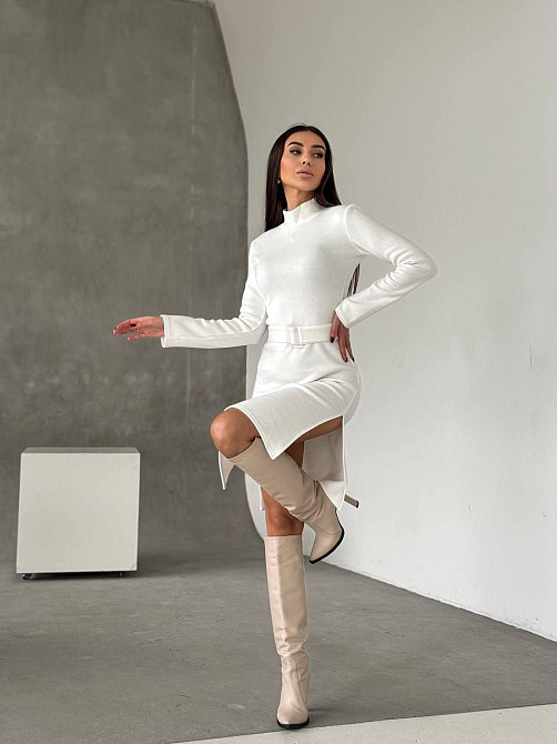 Женское стильное теплое и удобное платье с разрезами в длине миди турецкое двухстороннее ангора люкс Молочный, 42/44 Одесса - изображение 4