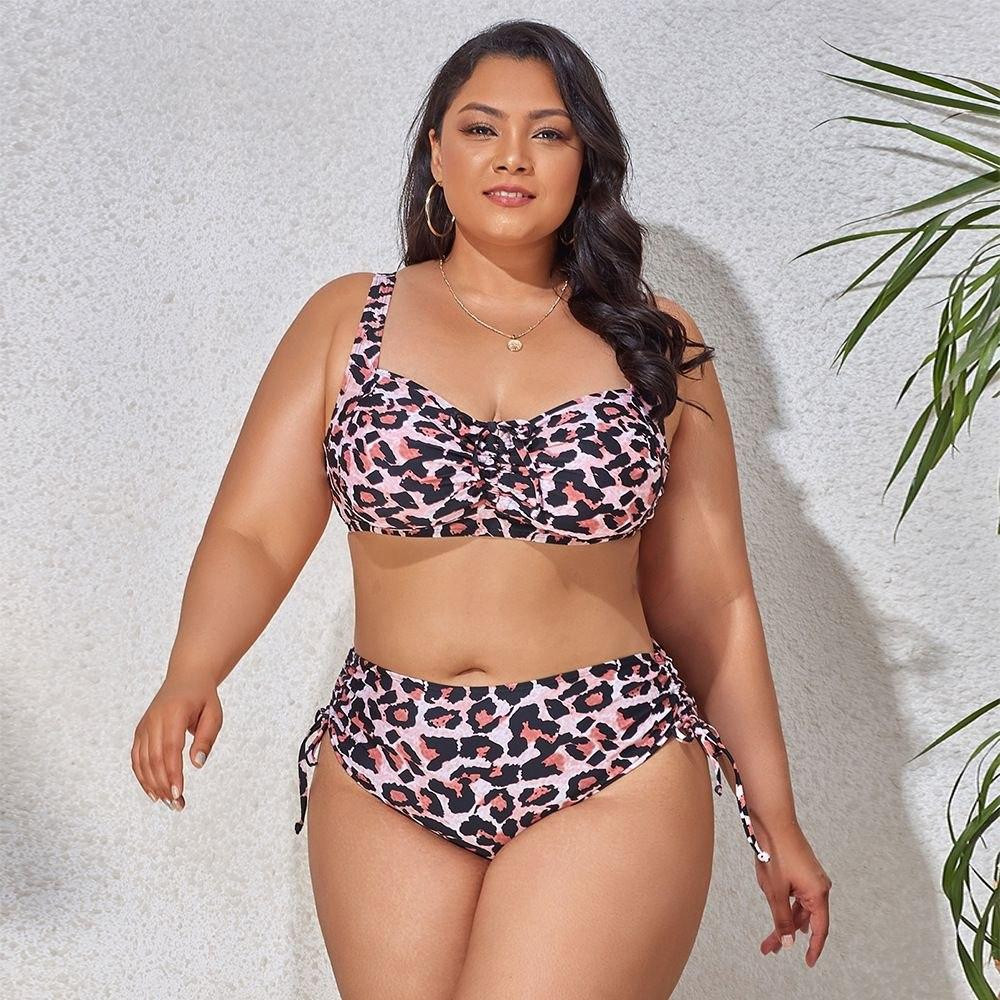 Жіночий роздільний купальник великих розмірів Plus Size з тонким поролоном та плавками сліпами із завищеною посадкою леопардовий Київ - фото 1