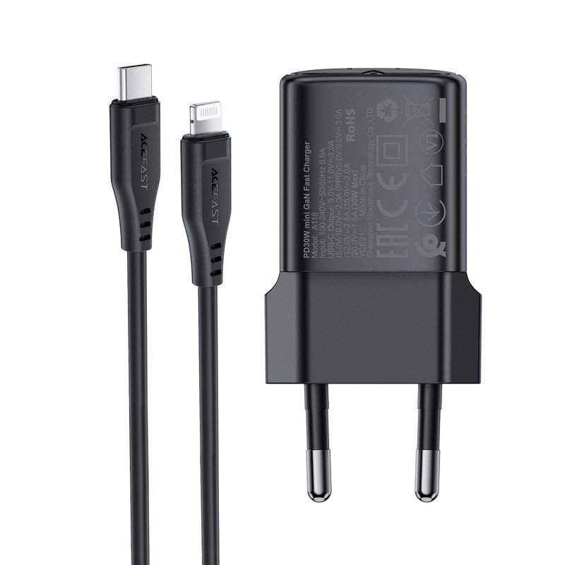 Мережевий зарядний пристрій з кабелем ACEFAST A118 PD30W mini GaN USB-C fast charger set (P16) Black Одеса - фото 6