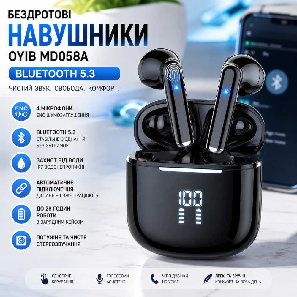 Бездротові навушники OYIB MD058A Bluetooth 5.3, навушники 4 мікрофони ENC водонепроникні IP7 зі світлодіодним дисплеєм, Уцінка Київ - фото 8