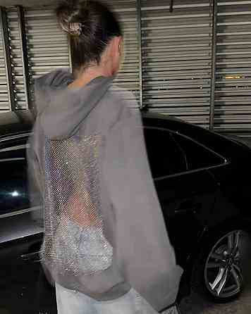 Женский стильный оверсайз худи с блестящей сеткой на спине трехнить на флисе + сетка Графит Одесса