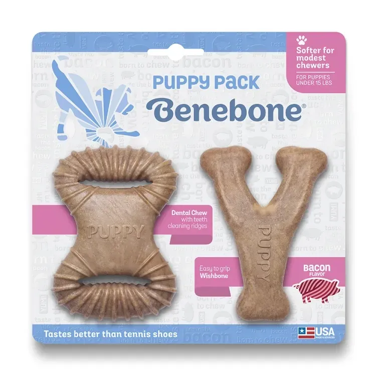 Набір жувальних іграшок для собак Benebone Puppy Pack (Дентал кістка+Важіль) зі смаком бекону для цуценят до 7 кг Вінниця - фото 1