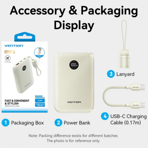 УМБ Vention 10000mAh 22,5W Fast Charging, USB-A, 2xUSB-C, with built-in USB-C cable, Beige Київ - фото 2
