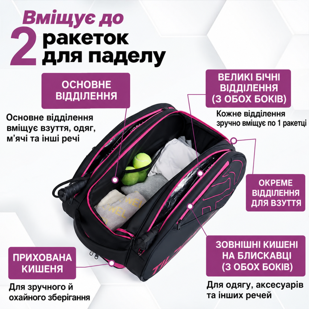 Рюкзак для паделу тенісний для тренування, зберігання форми, спортивного інвентарю на корті, колір рожевий Q25-009_pink Кам'янець-Подільський - фото 2