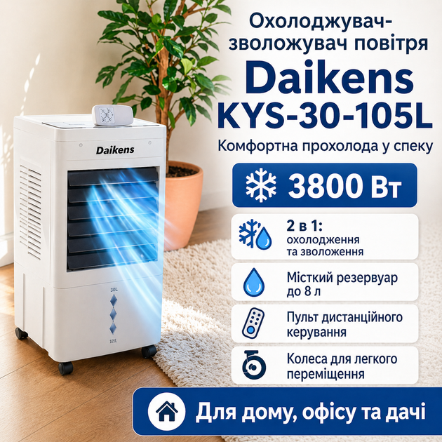 Охладитель воздуха напольный Daikens 3800W 8л + увлажнитель + вентилятор Белый Киев - изображение 2