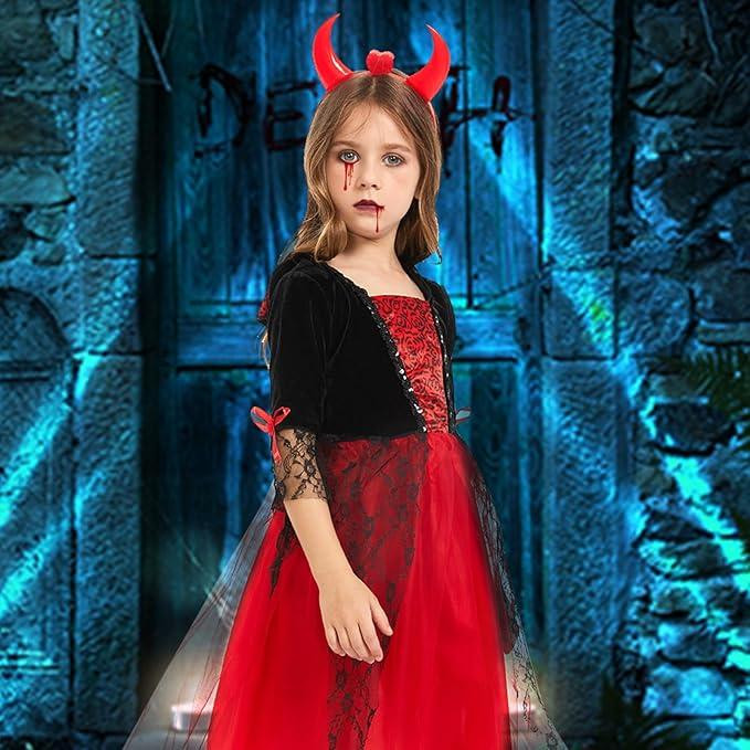 Костюм платье вампира чёртика для девочек красное, комплект на Хэллоуин обруч с рожками наклейки на 105-115 см Киев - изображение 6