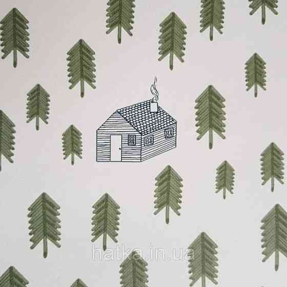 Шпалери флізелінові дитячі Caselio Our Planet дерева ялинки будиночки зелені намети на білому Київ