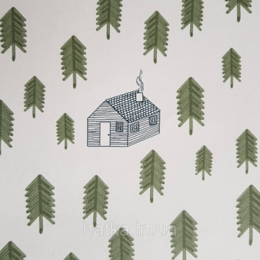 Обои флизелиновые детские  Caselio Our Planet деревья елки домики палатки зеленые на белом Киев - изображение 4