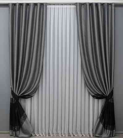 Комплект готовых штор VR-Textil ANZIO № 1468ш Серебристый с черным 140х270 см 2 шт (33-0451) Киев