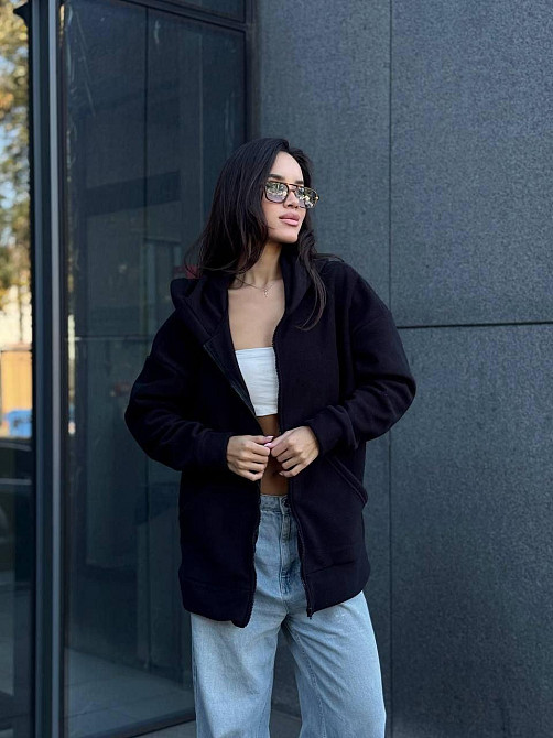 Женская теплая кофта оверсайз с капюшоном на молнии турецкий флис Черный, 46/48 Одесса - изображение 1