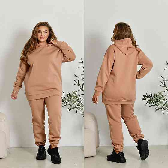 Женский прогулочный костюм: худи и штаны батал в спортивном стиле трехнитка на флисе Беж, 52/54 Одесса