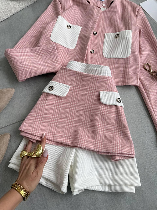 Женский спелый костюм тройка клетка шерсть; шорты вавилка Пудра, 44/46 Одесса - изображение 6