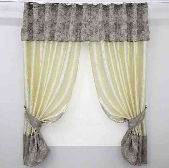 Кухонные шторы VR-Textil № 073к с ламбрекеном и подхватами светло-золотистый с кофейно-серым 270х170 см (52-0162) Киев